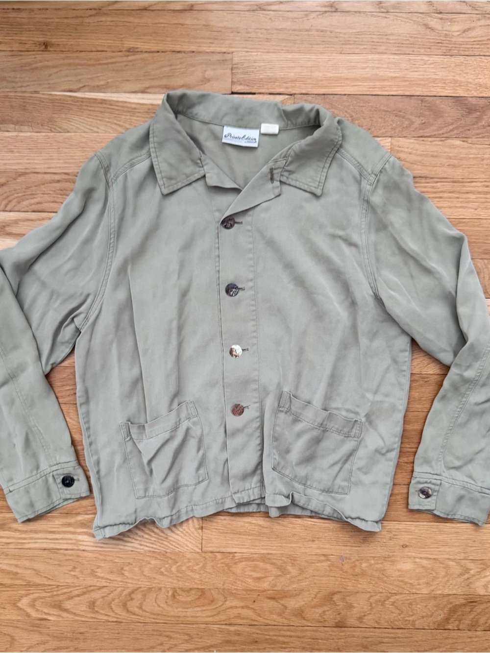 Chico's Private Edition Lightweight Button Up in Green Taupe